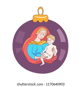 Merry Christmas. Vector greeting card. The virgin Mary and the baby Jesus. Christmas toy ball.