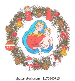 Merry Christmas. Vector greeting card. The virgin Mary and the baby Jesus. A wreath of fir branches decorated with Christmas decorations.