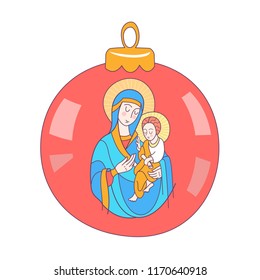 Merry Christmas. Vector greeting card. The virgin Mary and the baby Jesus. Christmas toy ball.