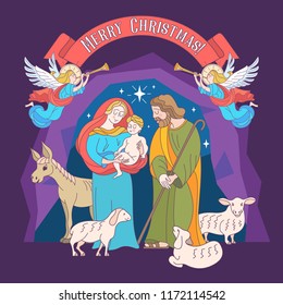 Merry Christmas. Vector greeting card. Virgin Mary, baby Jesus and Saint Joseph the betrothed. The Christmas scene.