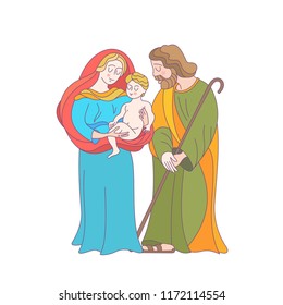 Merry Christmas. Vector greeting card. Virgin Mary, baby Jesus and Saint Joseph the betrothed.