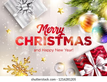 Merry Christmas Vector Greeting Card. Happy New Year 2019 Graphic Design Template. Holiday Scene with Calligraphy, Red and Silver Gift Boxes, Ribbon, Christmas Ball, Snowflake. Festive Xmas Poster.