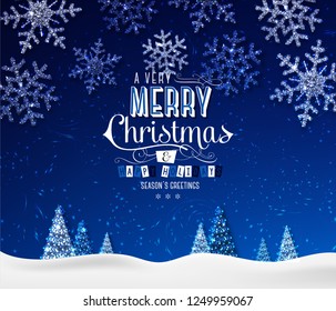 Merry Christmas vector greeting card. Realistic illustration with christmas tree and lettering