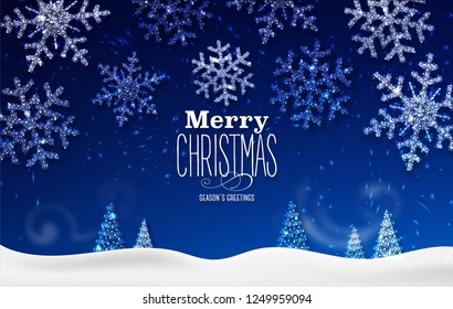 Merry Christmas vector greeting card. Realistic illustration with christmas tree and lettering