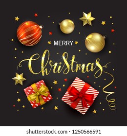 Merry Christmas vector greeting card. Realistic red and gold balls, gift box, serpentine, stars. 3D illustration. Shiny sparkly black background. Template for poster, banner. Calligraphy inscription.
