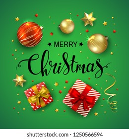 Merry Christmas vector greeting card. Realistic red and gold balls, gift box, serpentine, stars. 3D illustration. Shiny sparkly background. Template for poster, banner. Calligraphy inscription.