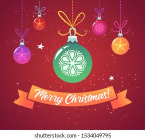 Merry Christmas vector greeting card layout. Beautiful Xmas postcard design idea. Winter holiday greeting with decorative baubles on red background. Festive Yuletide poster template