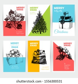 Merry Christmas vector greeting card templates set. Xmas symbols sketches on colorful backgrounds. Hand drawn fir tree, gift boxes, mistletoe bunch illustrations for winter holiday postcard design