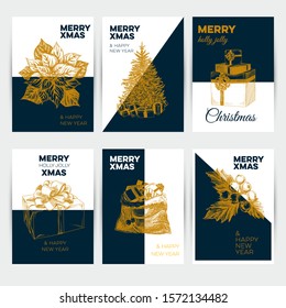 Merry Christmas vector greeting card templates set. Xmas symbols sketches on colorful backgrounds. Hand drawn fir tree, gift boxes, mistletoe bunch illustrations for winter holiday postcard design