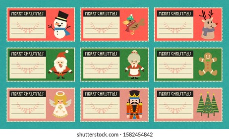 Merry Christmas vector greeting card with cute cartoon character collection  ,Merry Christmas gift tag memo vintage and retro style set.