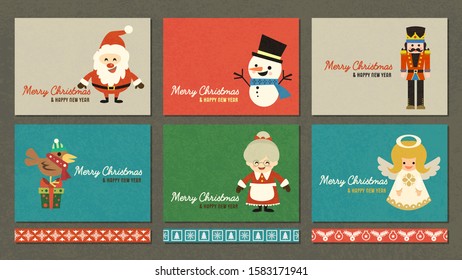 Merry Christmas vector  greeting card and seamless line pattern collection set, Merry Christmas postcard with cute cartoon character collection. 