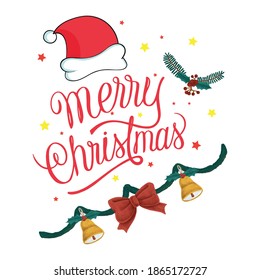 Merry Christmas  vector greeting card with red and black Christmas symbols isolated on white background. Also design for T shirt, Poster, Banner.

