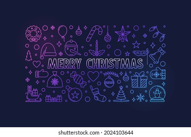 Merry Christmas vector Greeting Card with outline horizontal design - Holidays line colored illustration on dark background
