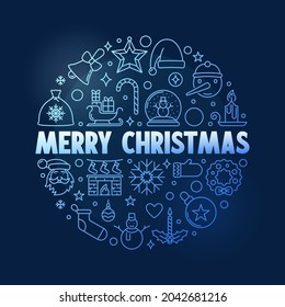 Merry Christmas vector greeting card or poster with round outline design - Holiday line blue illustration on dark background