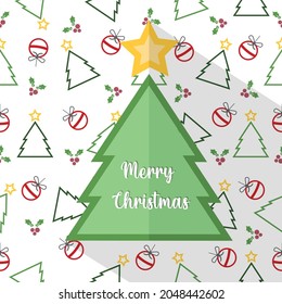 Feliz tarjeta de felicitación del vector de Navidad. Árbol de Navidad con estrella hecho con estilo de papel Navidad y fondo de patrón de decoración de año nuevo. Bolas de Navidad y bayas huecas Tarjeta de celebración o pancarta