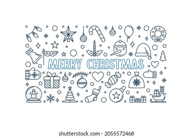 Merry Christmas vector Greeting Card with horizontal outline design - Xmas Holidays linear illustration