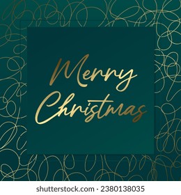 Merry Christmas vector greeting card. Golden hand drawn lines. Green and gold gradient banner for celebration, congratulation, web, design, decoration, winter holiday, frame