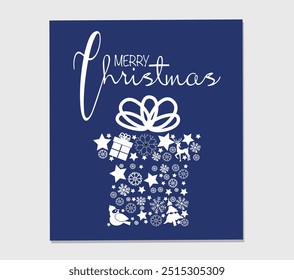 Merry Christmas vector greeting card of xmas present box on blue background. Merry Christmas concept