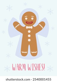 Merry Christmas vector greeting card. Modern Xmas design with typography, snow, beautiful gingerbread man, snow angel, snowflakes. Trendy hand drawn illustration for season banner, poster, cover