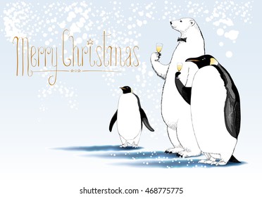 Merry Christmas vector greeting card. Party of penguin, polar bear characters drinking glass of champagne funny illustration. Design element with Merry Christmas sign hand drawn lettering