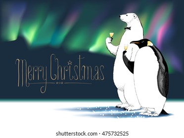 Merry Christmas vector greeting card. Penguin, polar bear characters drinking glass of champagne, Northern lights on background, at a Christmas party funny illustration. Hand drawn lettering