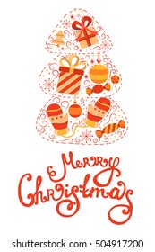 Merry Christmas vector greeting card with Christmas tree and lettering on a white background. Christmas template for cards and invitations. Set of xmas elements: gifts, mittens, Christmas ball, candy.