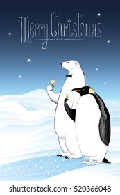 Merry Christmas vector greeting card. Penguin, polar bear characters drinking champagne funny illustration. Design element with Merry Christmas lettering