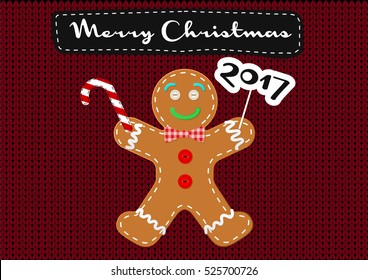 Merry Christmas Vector Greeting Card Gingerbread Man Knitted Pattern Stitched Design Application