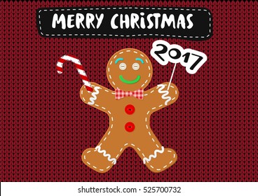 Merry Christmas Vector Greeting Card Gingerbread Man Knitted Pattern Stitched Design Application