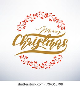 Merry Christmas Vector Greeting Card with red wreath.