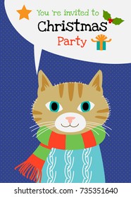 Merry Christmas vector greeting card, Christmas cat character invitation card