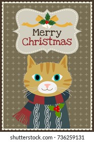 Merry Christmas vector greeting card, Christmas cat character invitation card