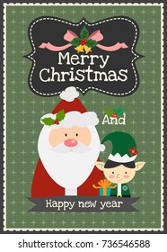 Merry Christmas vector greeting card, Christmas Santa Claus with elf character invitation card