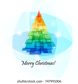 Merry Christmas, vector greeting card with multicolored spruce 