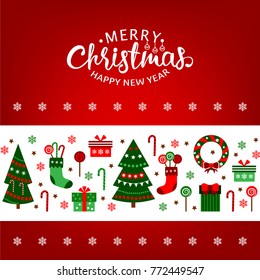 Merry Christmas vector greeting card with Xmas flat elements. Holiday celebration new year red illustration