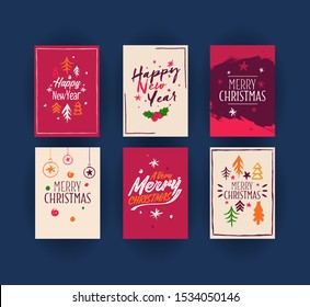 Merry Christmas vector greeting cards template set. Traditional Xmas postcards collection on blue background. Creative festive banner layout pack. Winter holiday season poster design idea
