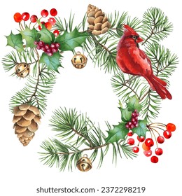 Merry Christmas vector greeting cards and invitations. Set with New Year's wreath, birds. Vector elements for Christmas in watercolor style.