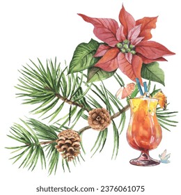 Merry Christmas vector greeting cards and invitations. Set with Christmas tree, pine cones, glass, poinsettia flower. Vector elements for Christmas in watercolor style.