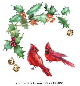 Merry Christmas vector greeting cards and invitations. Set with New Year's wreath, birds. Vector elements for Christmas in watercolor style.