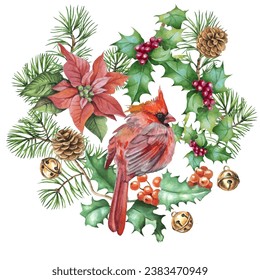 Merry Christmas vector greeting cards and invitations. Set with New Year's wreath, birds. Vector elements for Christmas in watercolor style.
