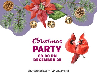 Merry Christmas vector greeting cards and invitations. Set with Christmas tree, pine cones, glass, poinsettia flower. Vector elements for Christmas in watercolor style.
