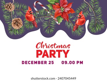 Merry Christmas vector greeting cards and invitations. Set with Christmas tree, pine cones, glass, poinsettia flower. Vector elements for Christmas in watercolor style.
