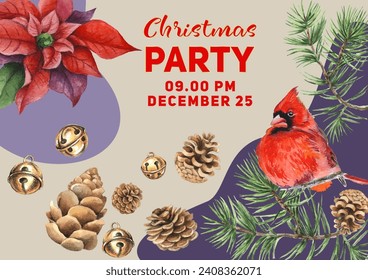 Merry Christmas vector greeting cards and invitations. Set with Christmas tree, pine cones, glass, poinsettia flower. Vector elements for Christmas in watercolor style.
