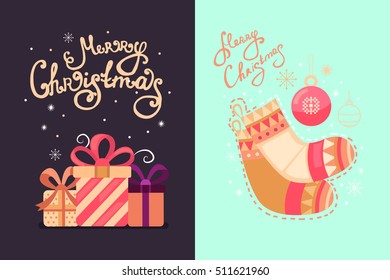 Merry Christmas vector greeting cards with gifts, socks and Christmas ball. Template with handdrawn xmas lettering. Background  for banner, invitation, postcard, poster, cover and flyer.