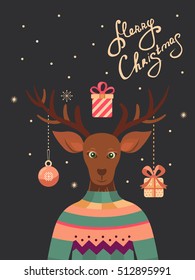 Merry Christmas vector greeting cards with deer, gifts and Christmas ball. Template with handdrawn xmas lettering. Background  for banner, invitation, postcard, poster, cover and flyer.
