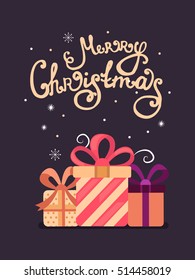 Merry Christmas vector greeting cards with gifts. Template with hand drawn xmas lettering. Background for banner, invitation, postcard, poster and cover. 