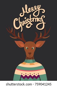 Merry Christmas vector greeting cards with deer and lettering. Template with handdrawn lettering. Background  for banner, invitation card, postcard, poster, cover and flyer.