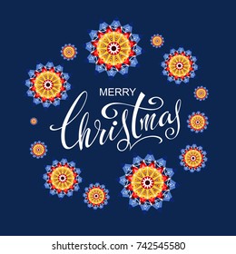 Merry Christmas. Vector greeting poster with stylized Christmas stars and lettering on a blue background.