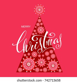 Merry Christmas. Vector greeting poster with stylized Christmas stars, fir-tree and letting on a red background.