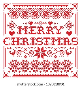 Fröhliche Weihnachtsvektor Grußkartenmuster auf rotem Hintergrund - skandinavisches Stricken, Kreuzstich-Design. Fröhliche Weihnachten, Vektorgrafik-Grußkartenmuster auf Rot auf Weiß 